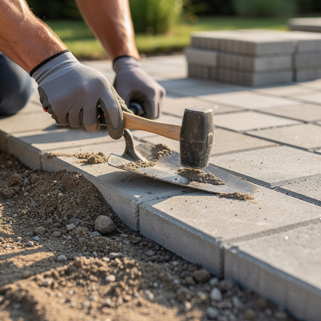 PARRA'S LANDSCAPING & TREE SERVICES expert landscape construction team building a stone patio in Palatine, IL
